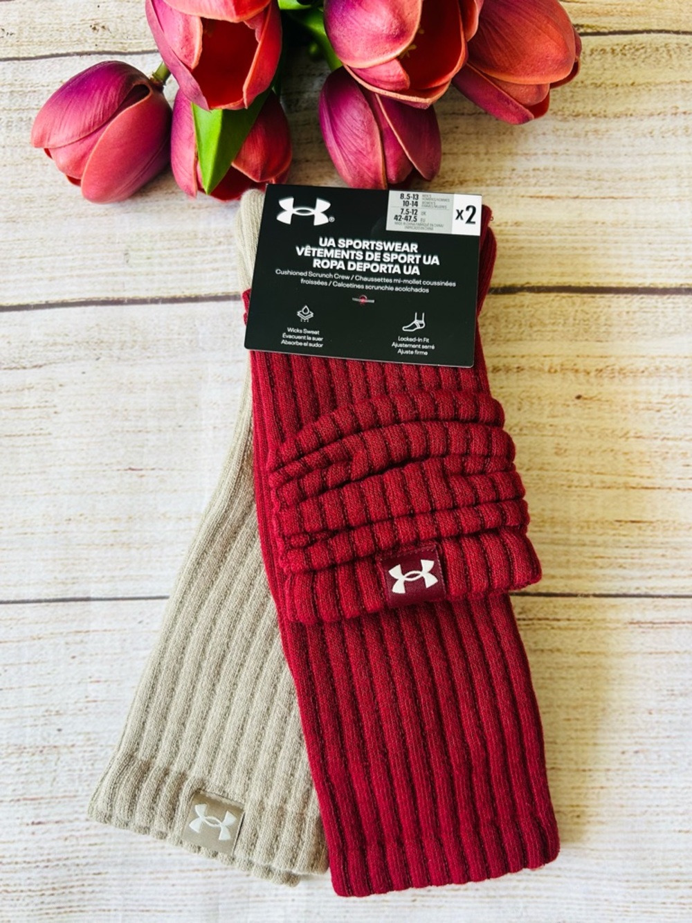 Under Armour Unisex Maroon Tan Mid Calf Cushion Scrunch Logo Crew Socks 2pk NWT